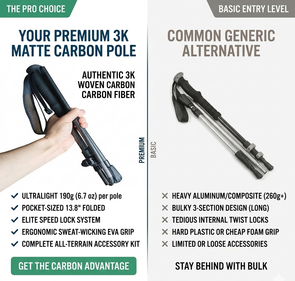 Ultralight Real Carbon Fiber Trekking Poles, 5-Section Foldable 13.8" Compact Hiking Staffs with Speed Lock, 3K Matte