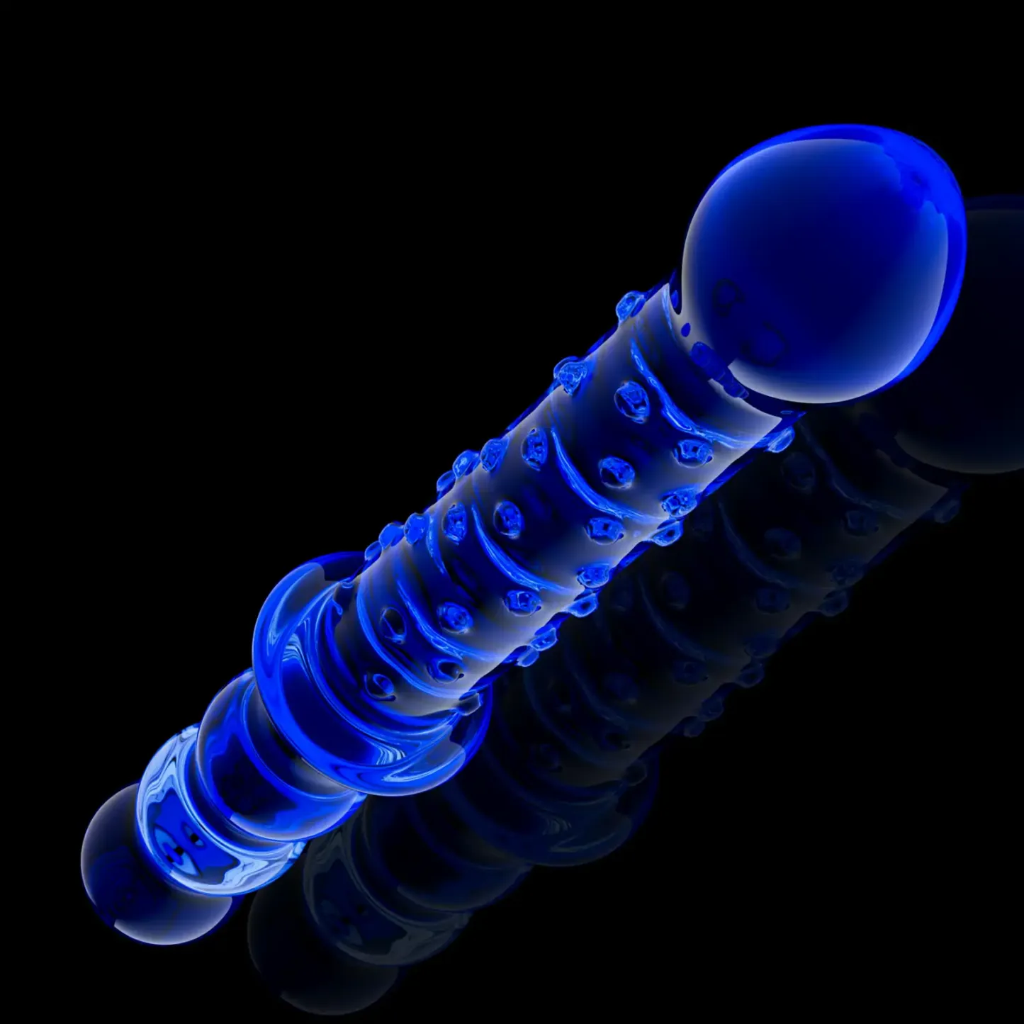 Blue Raised Glass Dildo With Handle