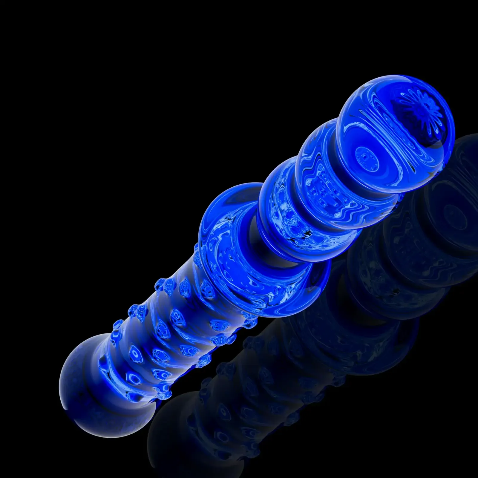 Blue Raised Glass Dildo With Handle