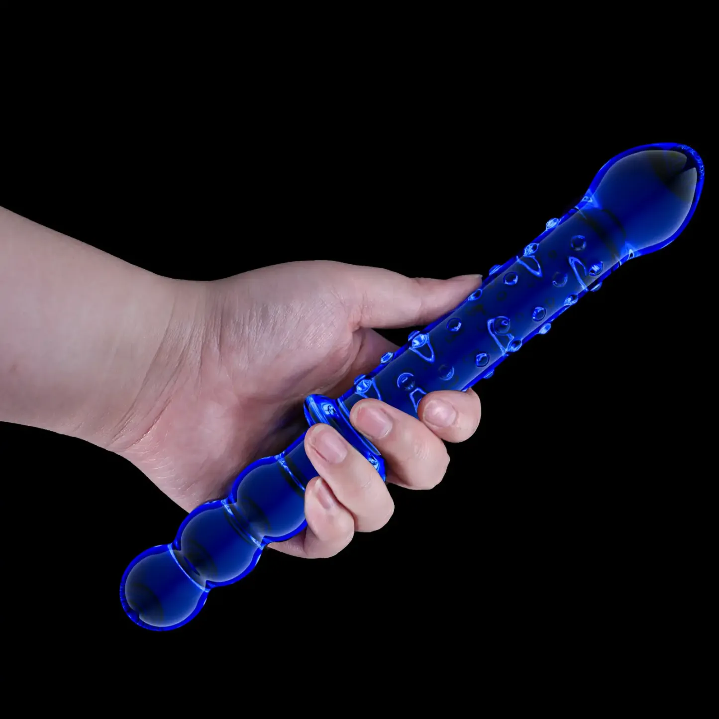 Blue Raised Glass Dildo With Handle