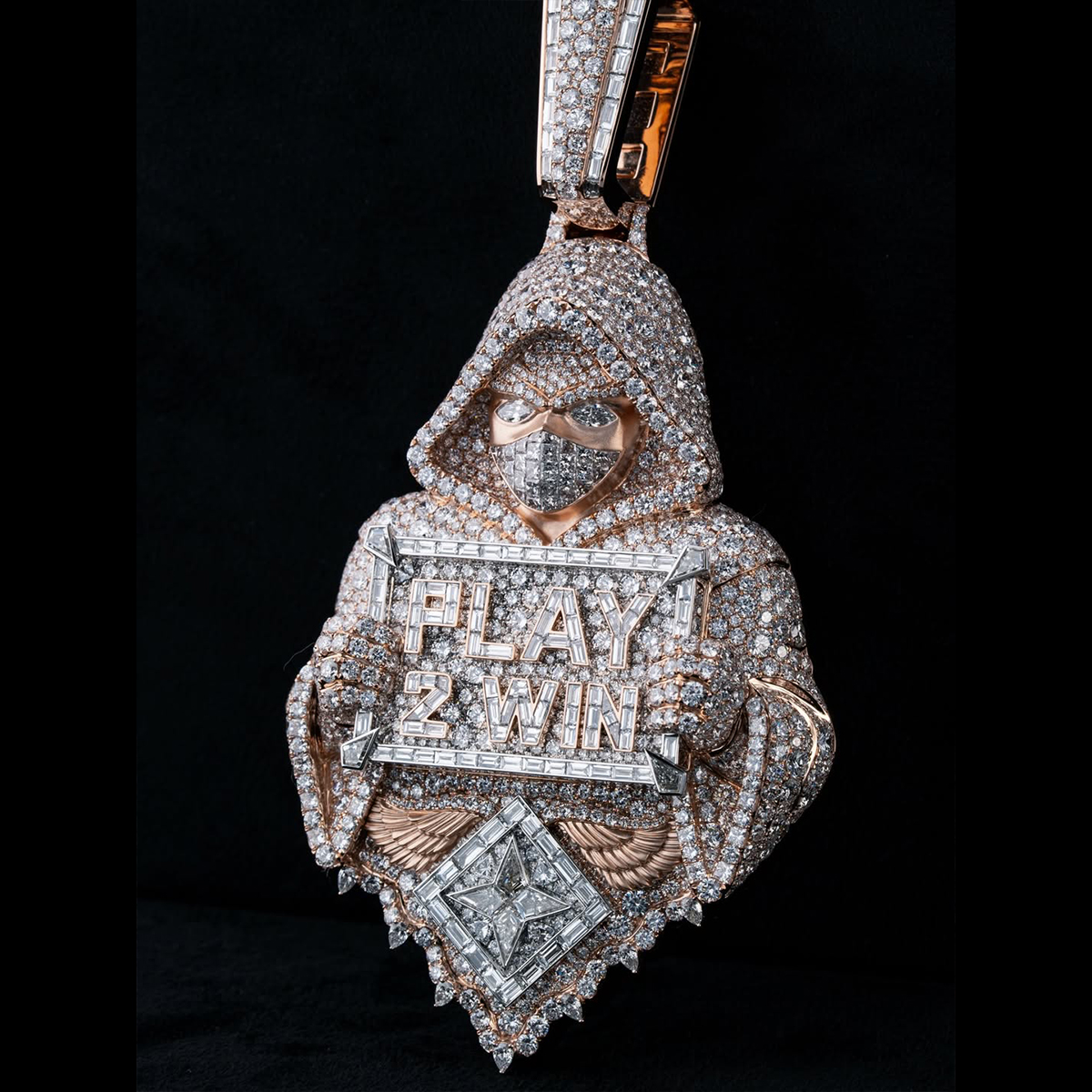 Hooded figure Play 2 Win pendant iced moissanite hip hop necklace
