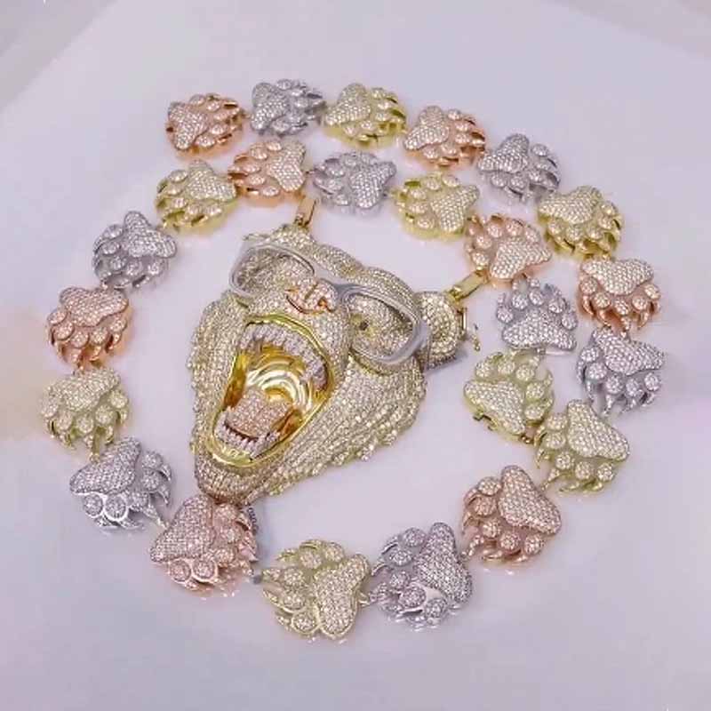 3-D S925 Moissanite Diamond Bear Pendant Paw Prints  Chain