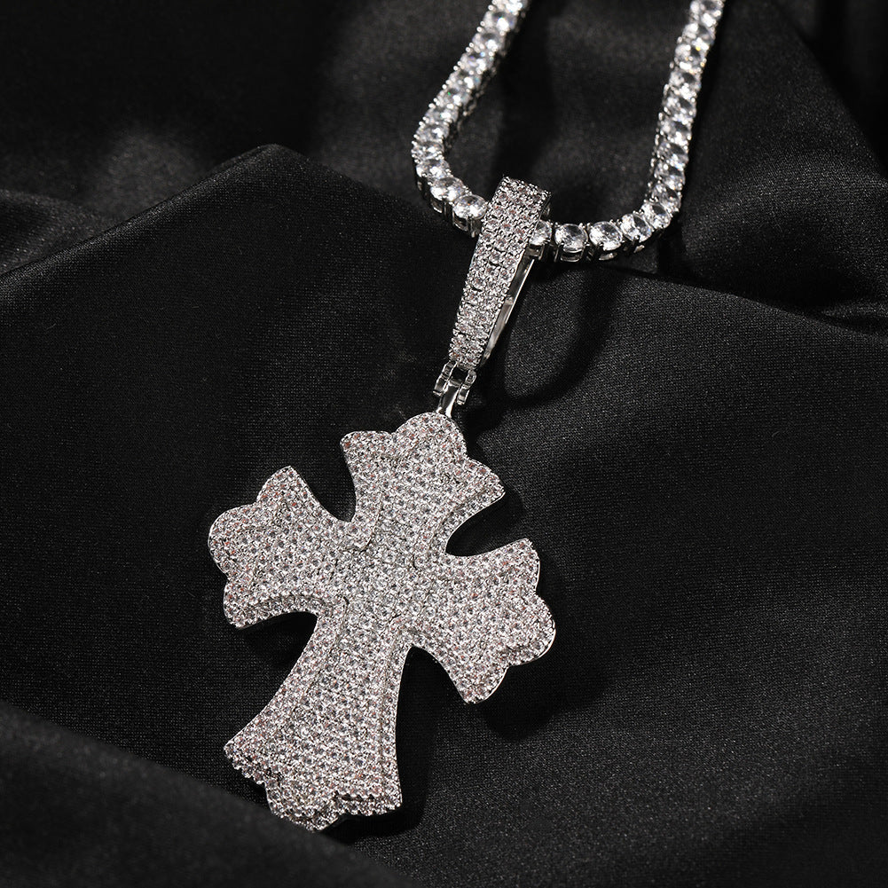 white gold iced out cross pendant front view hip hop jewelry