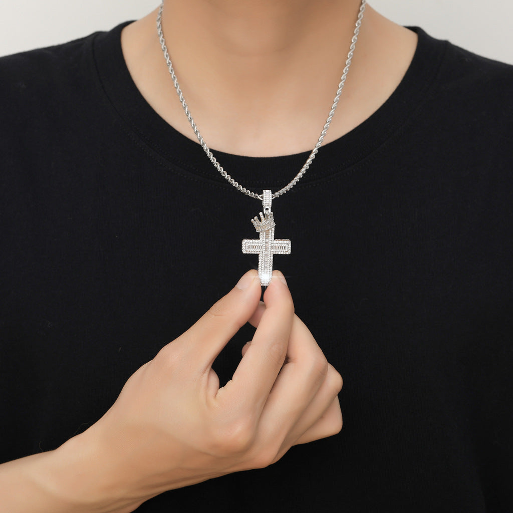 model wearing ice out baguette crown cross pendant streetwear fashion jewelry style