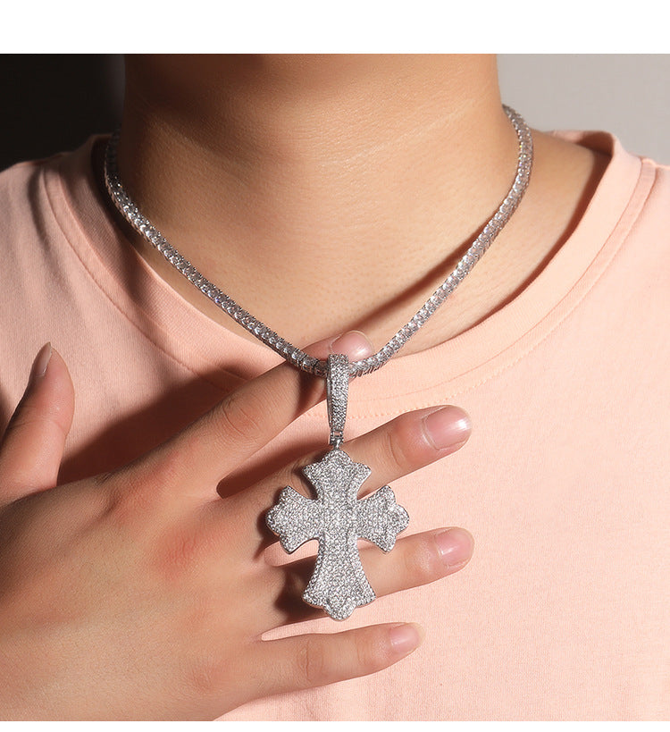 Moissanite 10mm Cuban Chain Cross Pendant Set