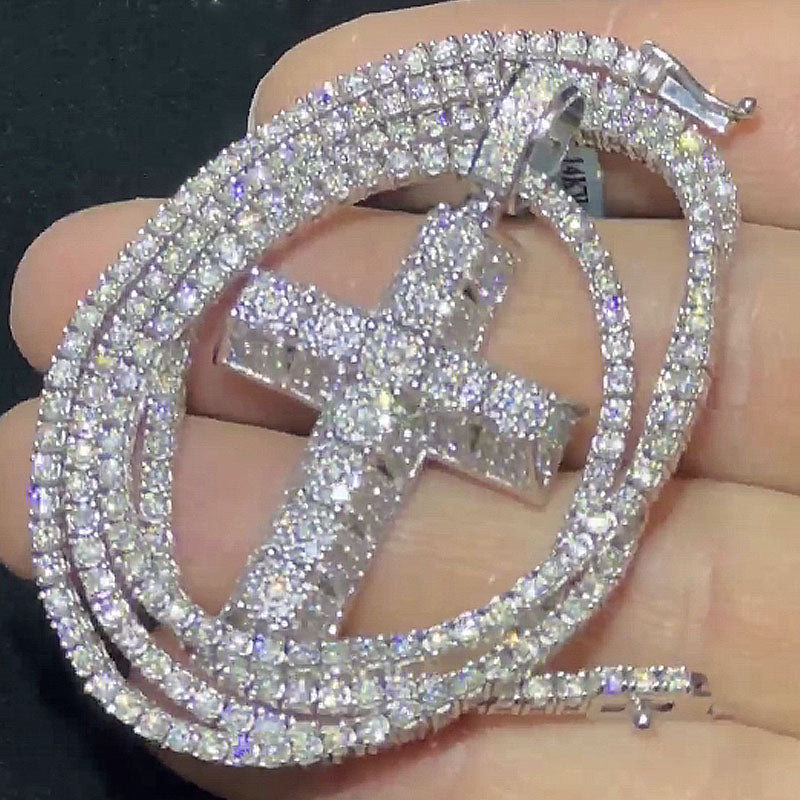 iced out 3d cross pendant tennis chain set hip hop jewelry front view