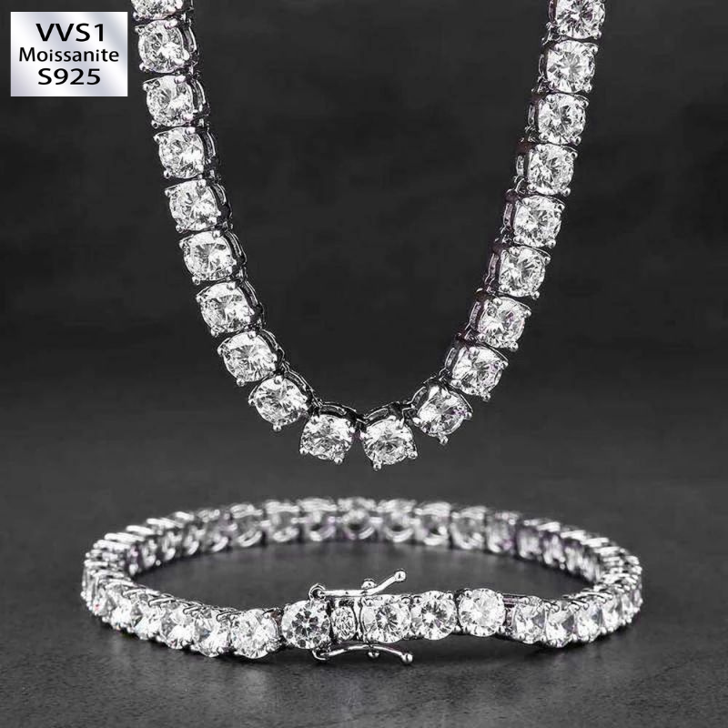 5mm 18K White Gold Single Row Moissanite Tennis Chain and Bracelet Set