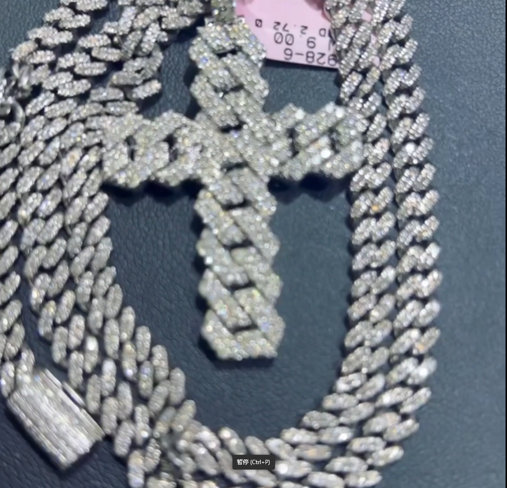 Ice Out Moissanite Cross Cuban Pendant Cuban Chain Set