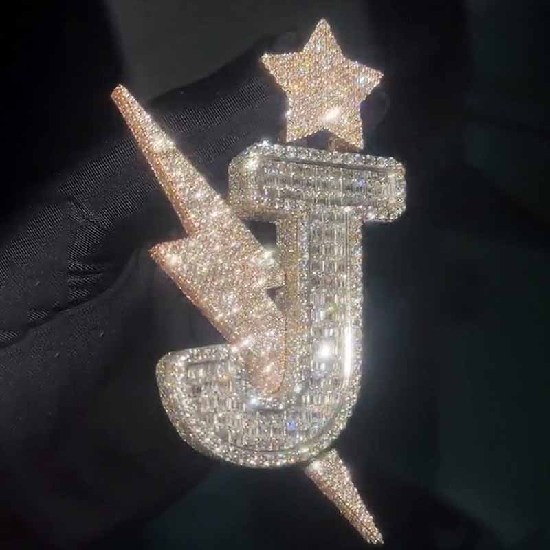 Moissanite Hip Hop 3D Star Lightning Letter "J" Pendant