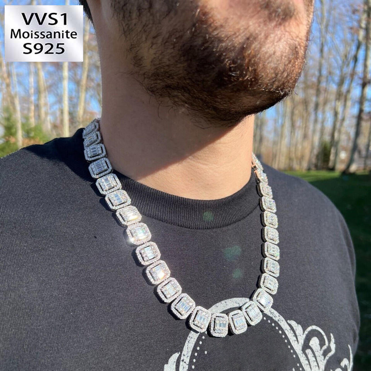 13mm 925 Sterling Silver Moissanite Baguette Rapper Chain Iced Out