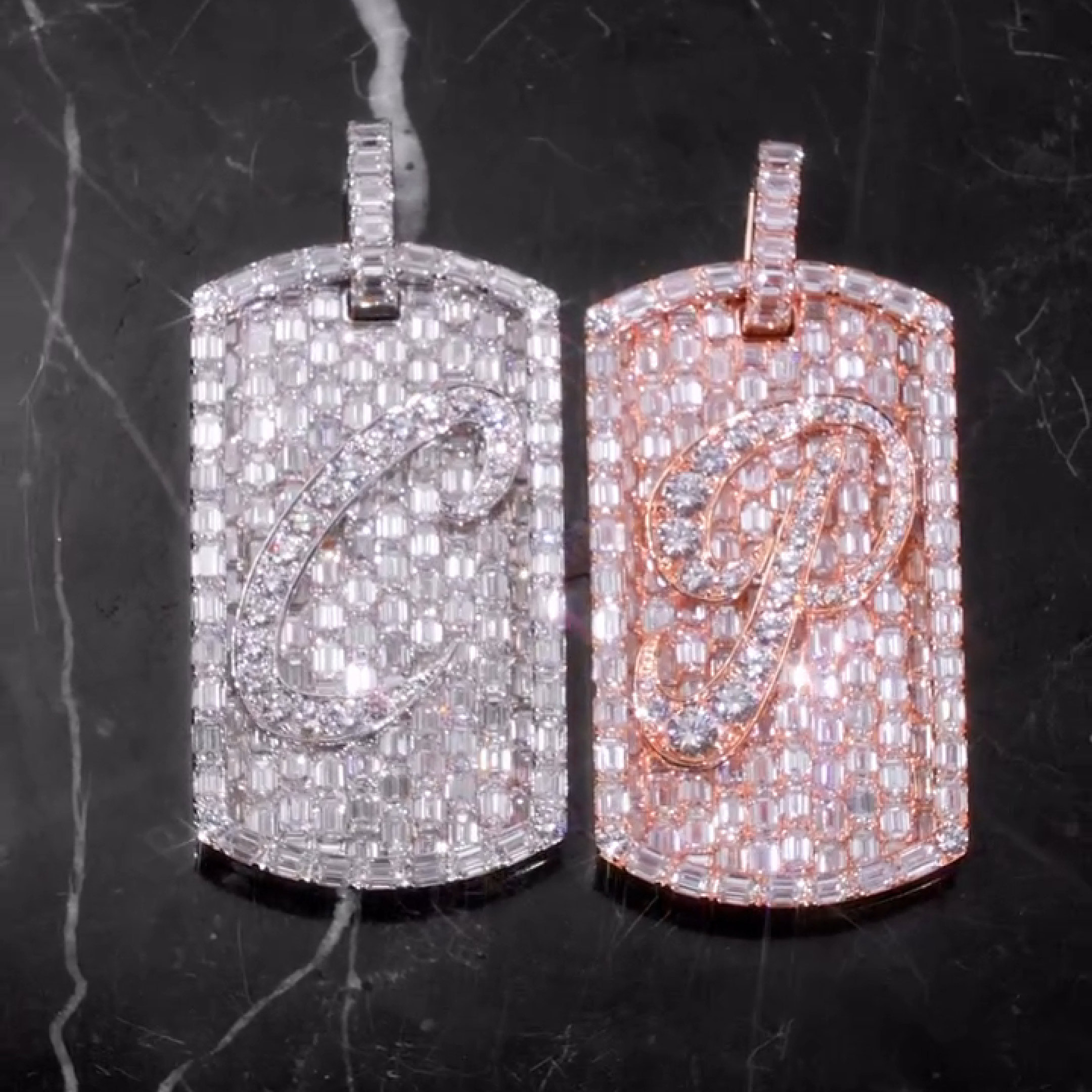 Iced Letter Dog Tag Baguette Diamond Pendant