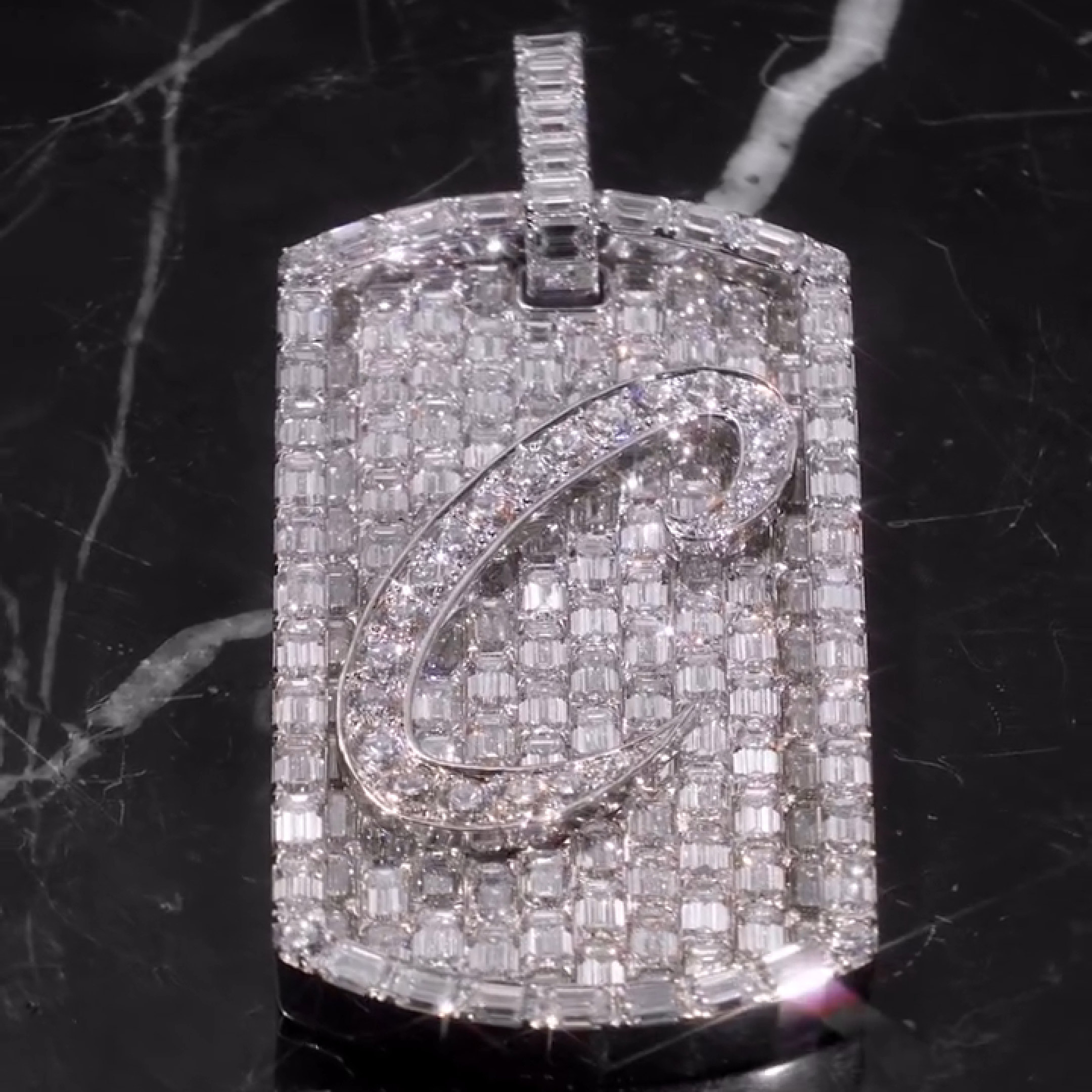 Iced Letter Dog Tag Baguette Diamond Pendant