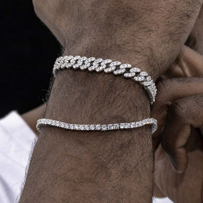 8mm Moissanite Iced Cuban + 3mm Tennis Bracelet in White Gold