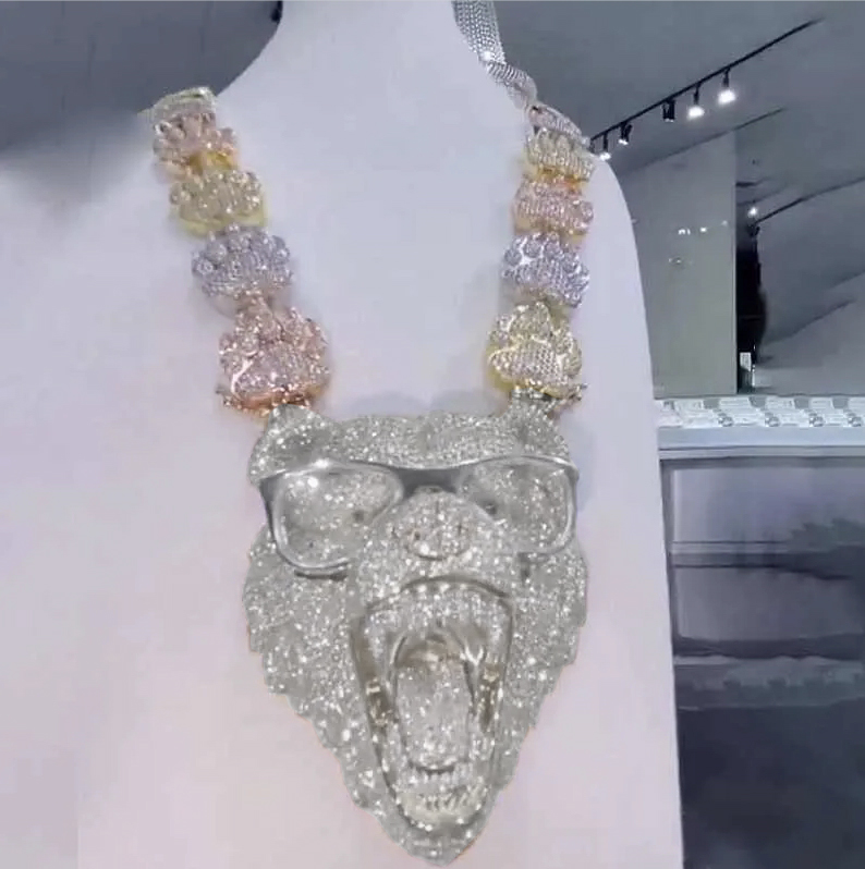 3-D S925 Moissanite Diamond Bear Pendant Paw Prints  Chain