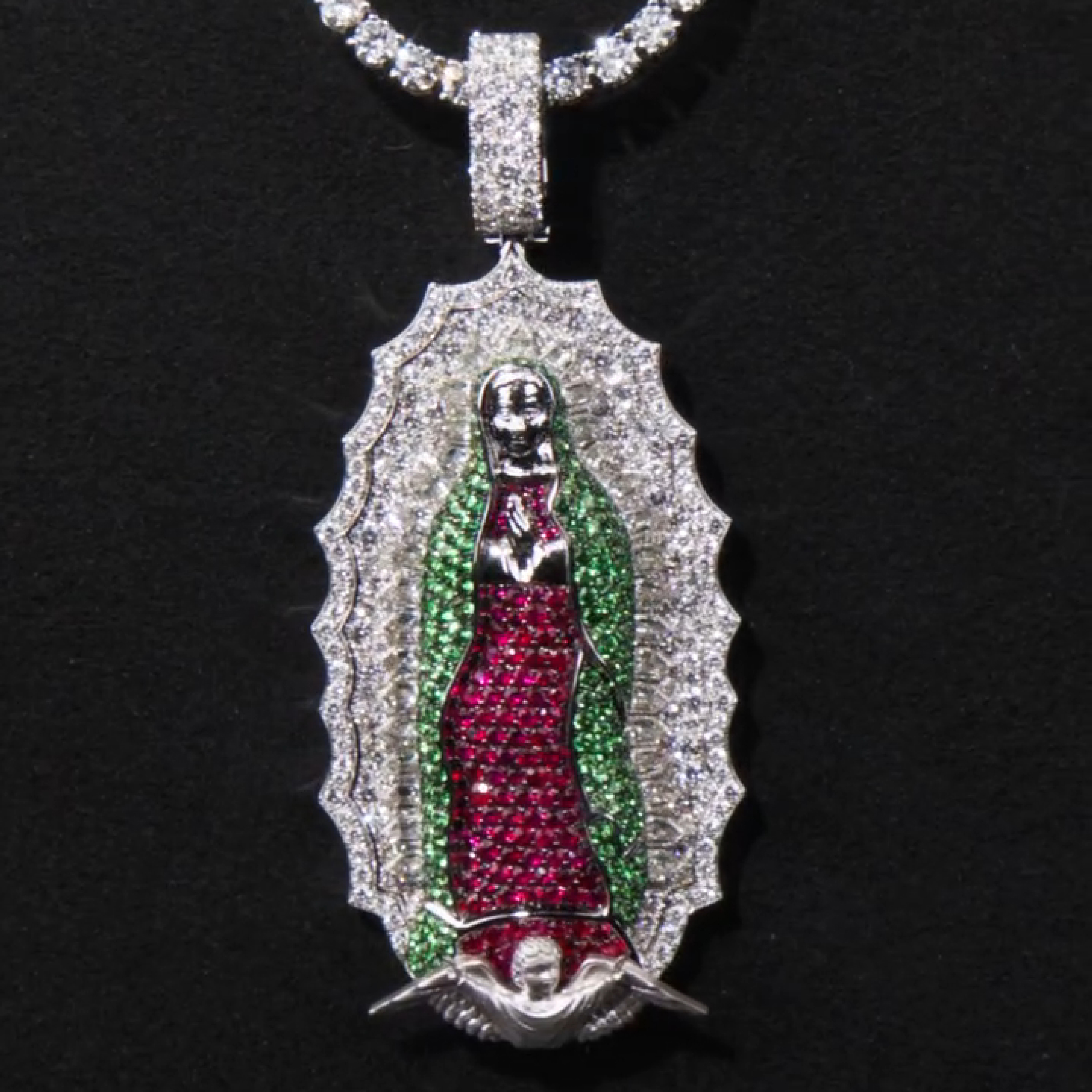 Saint Mary radiant pendant sacred moissanite and CZ stones close up
