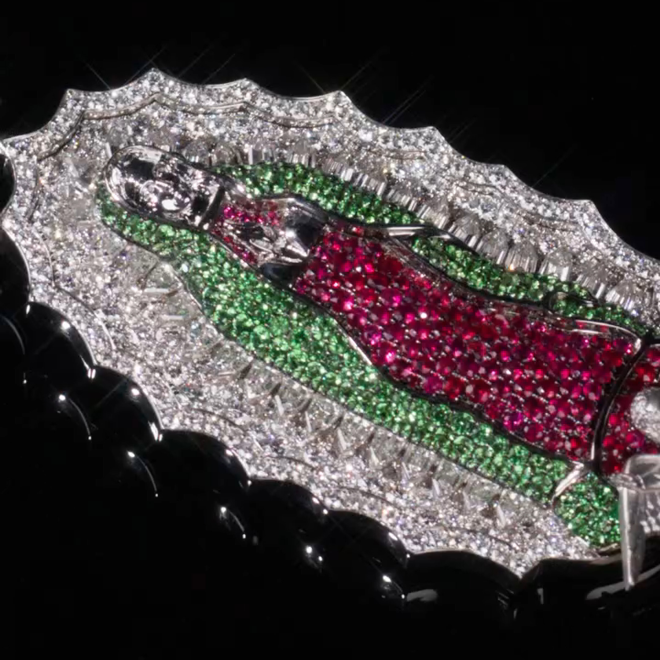 close up of moissanite and CZ stones on saint mary radiant pendant
