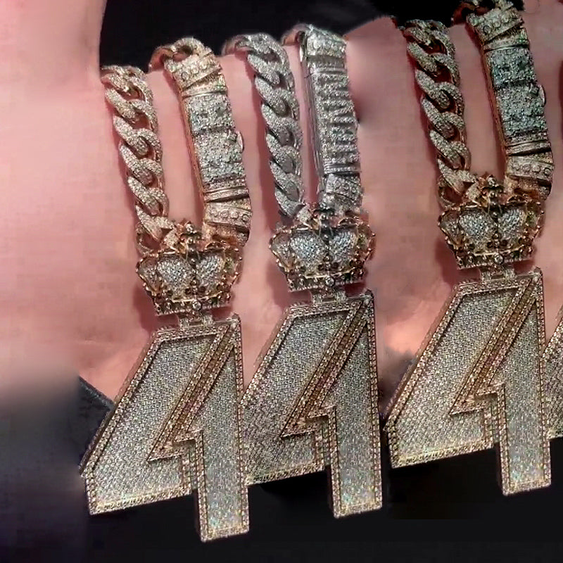 Moissanite Crown Clasp Number 4 Pendant Cuban Chain Set