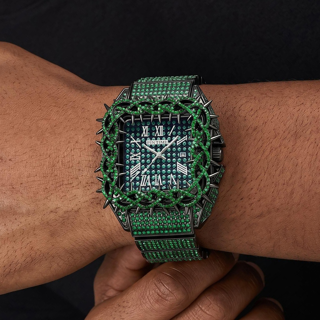Iced Out Green Thorn Square Bezel Quartz Watch