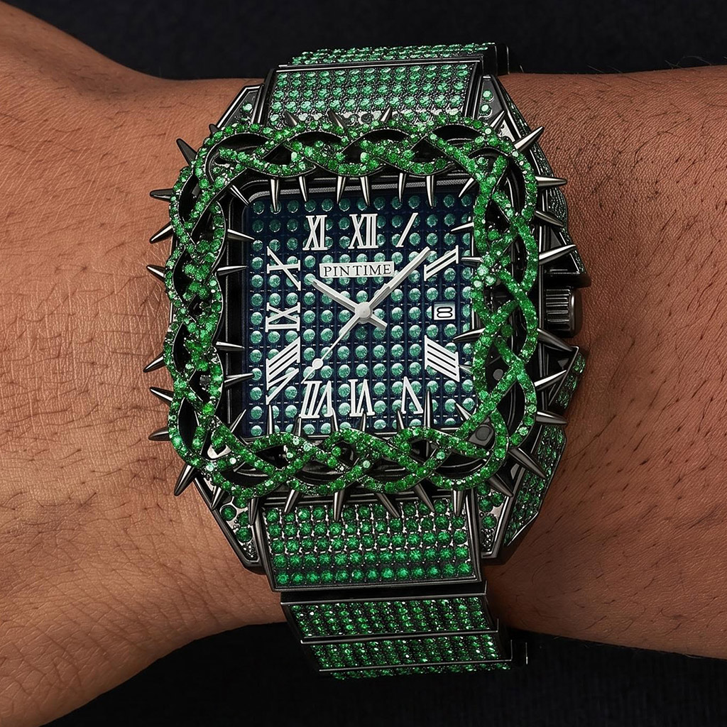 Iced Out Green Thorn Square Bezel Quartz Watch