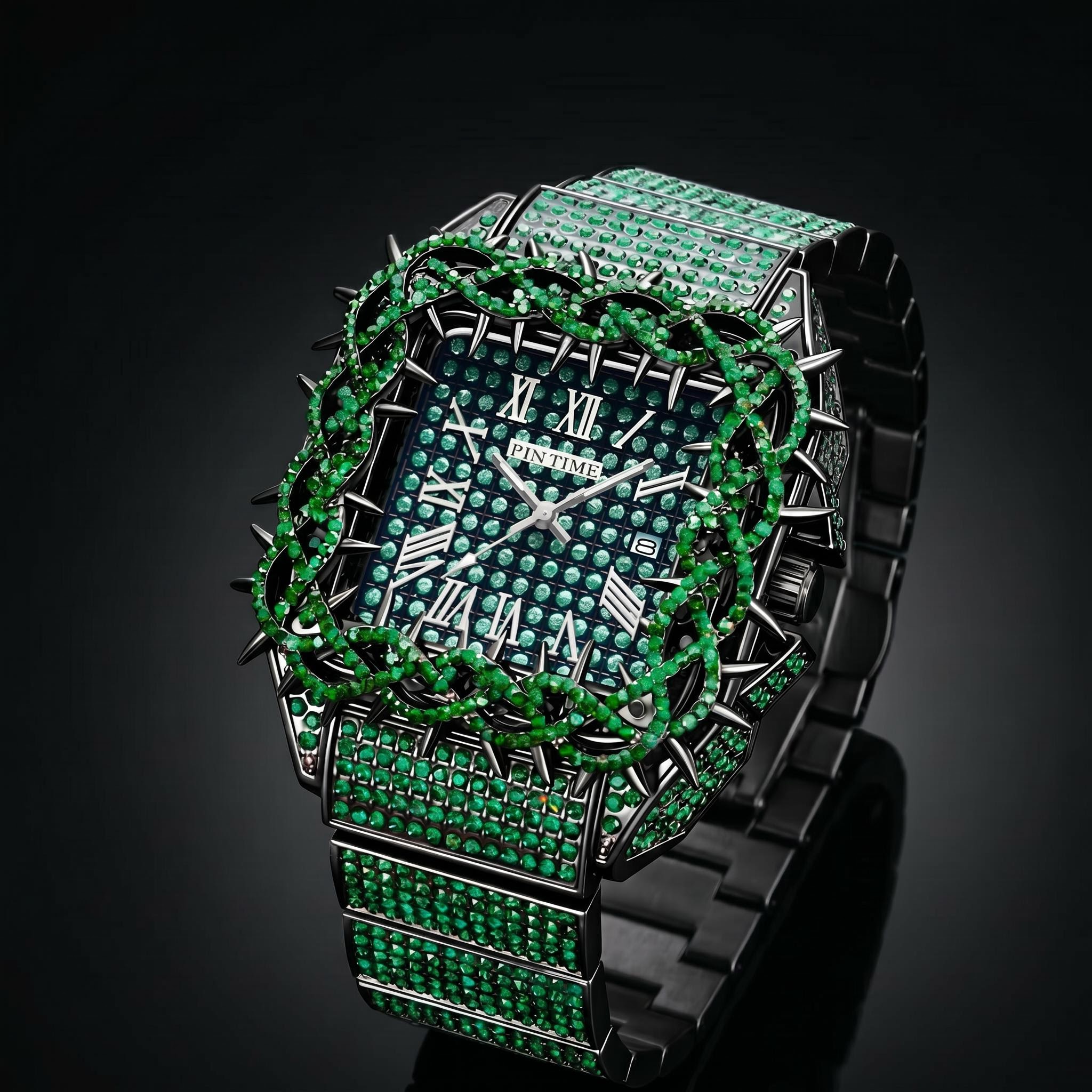 Iced Out Green Thorn Square Bezel Quartz Watch