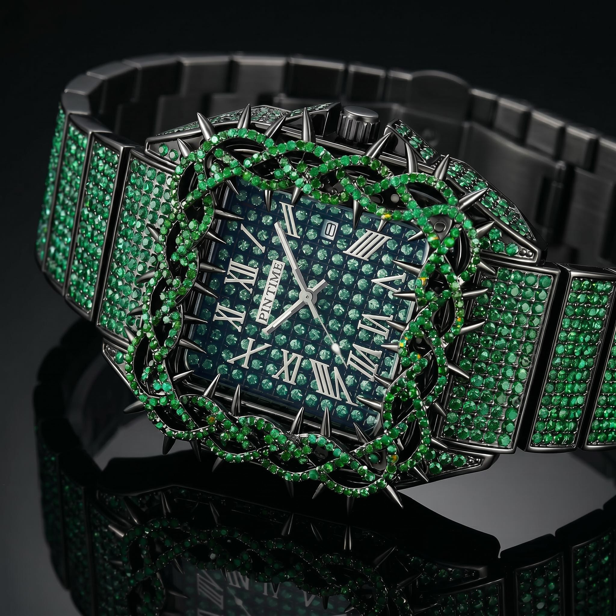 Iced Out Green Thorn Square Bezel Quartz Watch