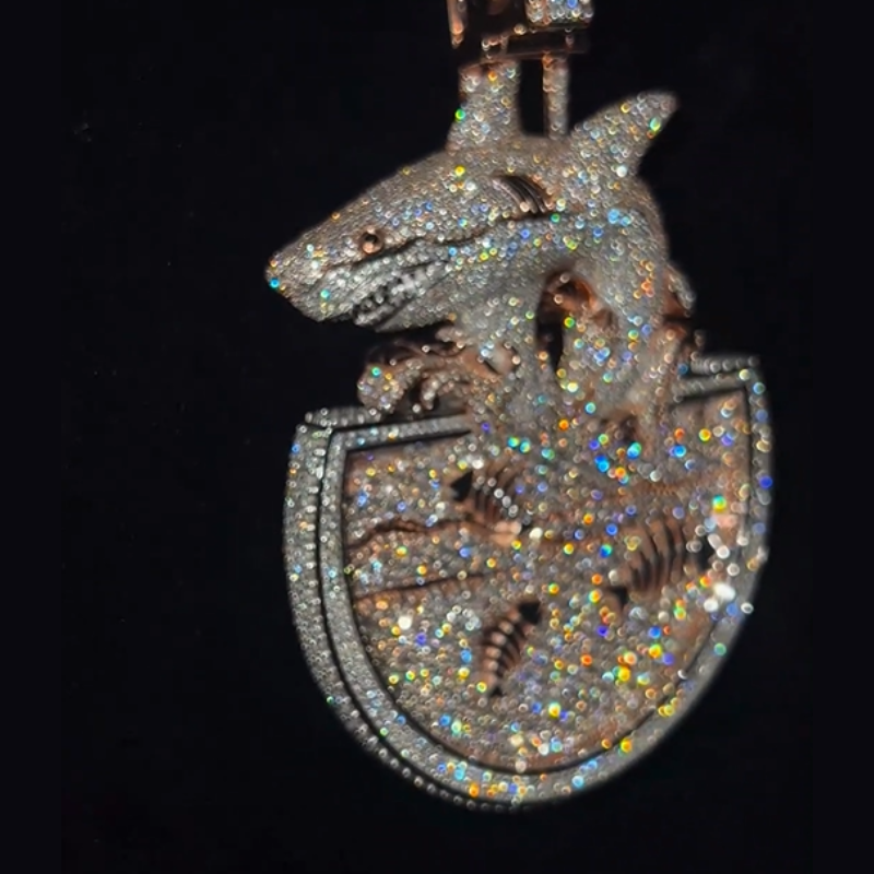 Iced out CZ shark semicircular pendant necklace for men with hip hop streetwear style