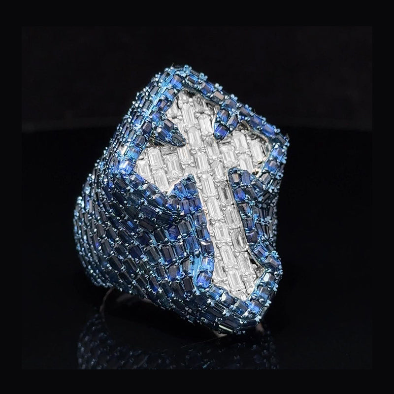Cross Side Blue Sapphire Baguettes in White Gold Ring