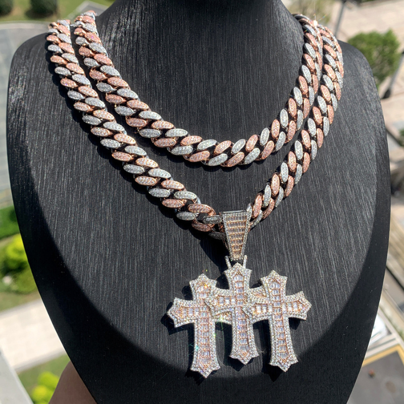 12mm Moissanite Triple Cross Pendant Cuban Chain Set