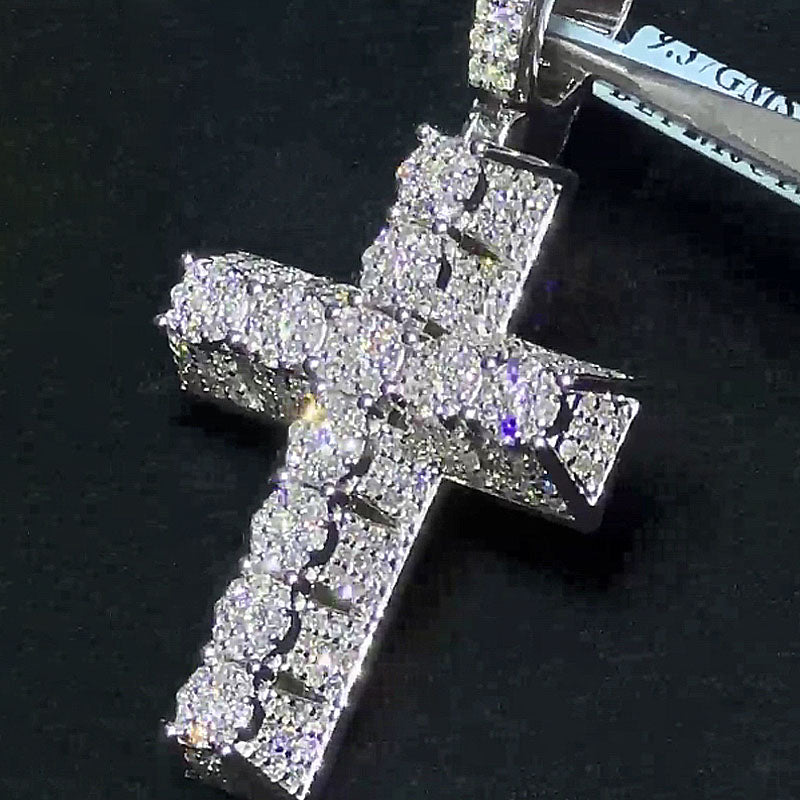 close up view of iced out cross pendant diamond style hip hop necklace