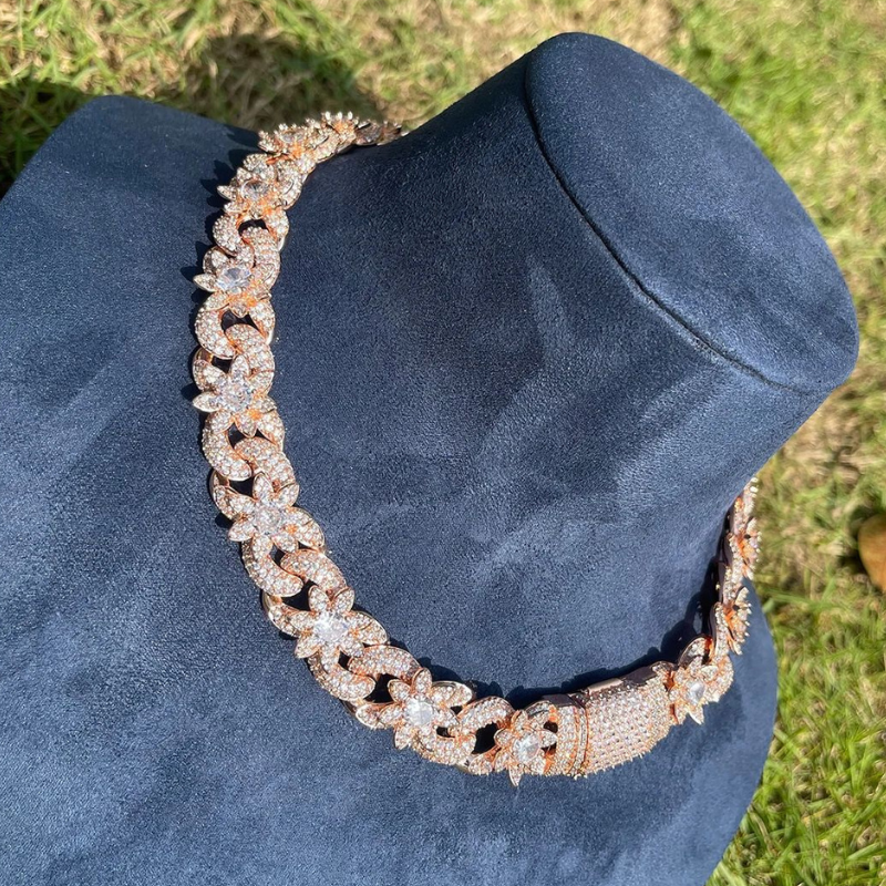 15mm Moissanite Hip Hop Diamond Flowers Sparkle Cuban Chain