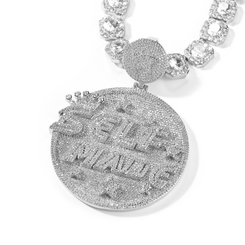 Moissanite Personality Hip Hop "SELF MANG" Letter Large Disc Pendant