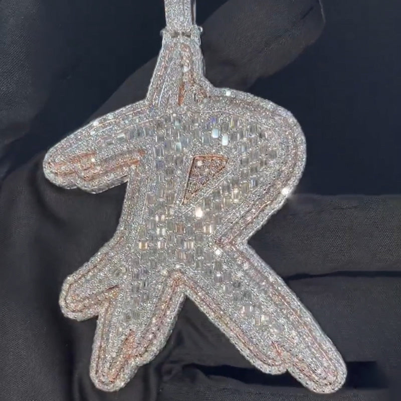 Moissanite R Letter Baguette Pendant