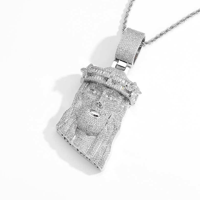 Moissanite Square Diamond Four-leaf Clover Head Decorated with Jesus Pendant