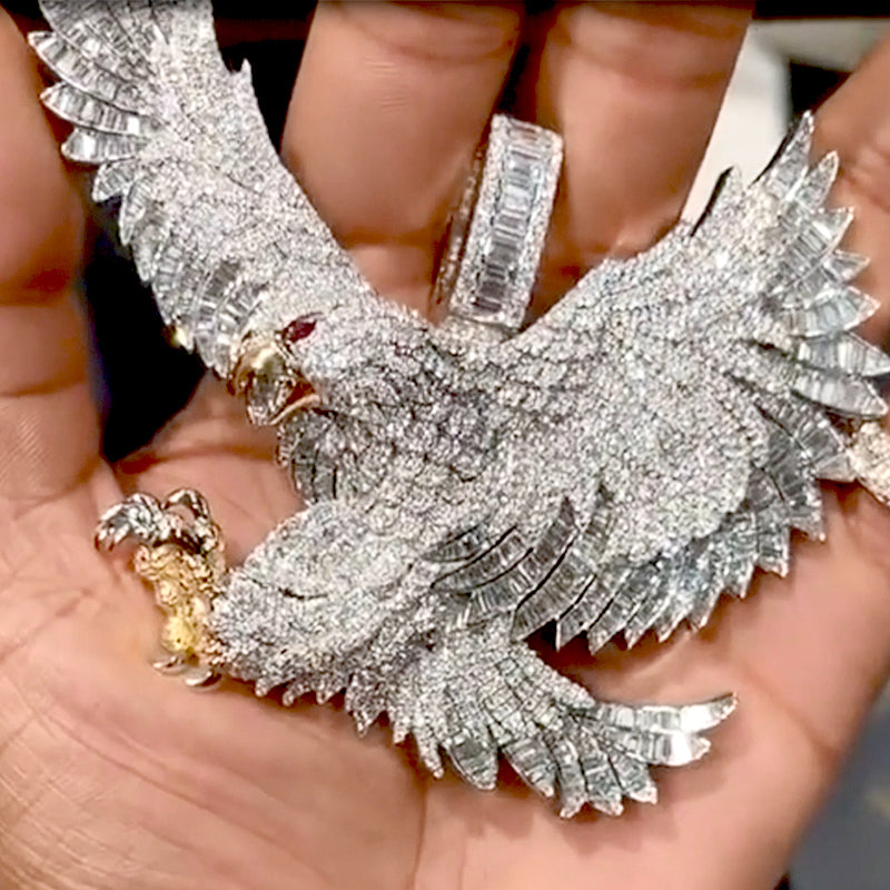 Close up eagle pendant detailed iced out jewelry design