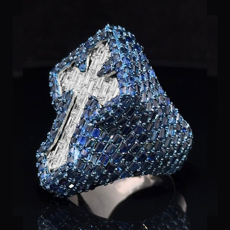 Cross Side Blue Sapphire Baguettes in White Gold Ring