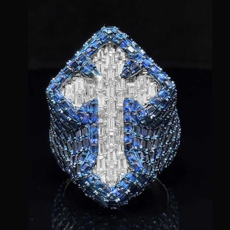 Cross Side Blue Sapphire Baguettes in White Gold Ring