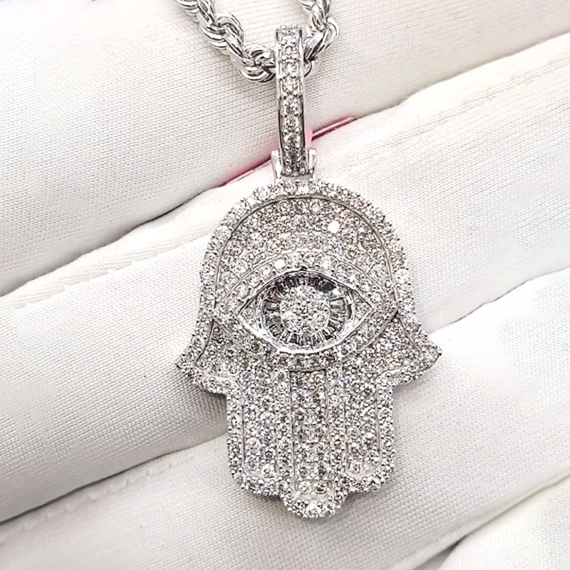 Ice Out Hamsa Moissanite Pendant in White Gold