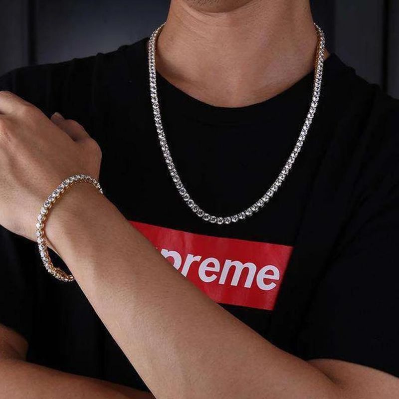 5mm 18K White Gold Single Row Moissanite Tennis Chain and Bracelet Set