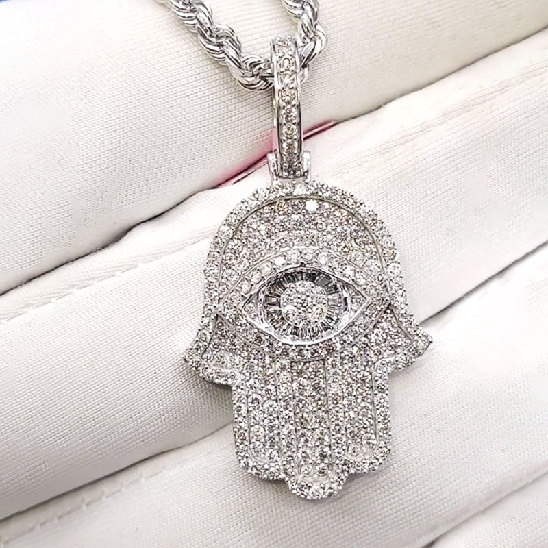 Ice Out Hamsa Moissanite Pendant in White Gold