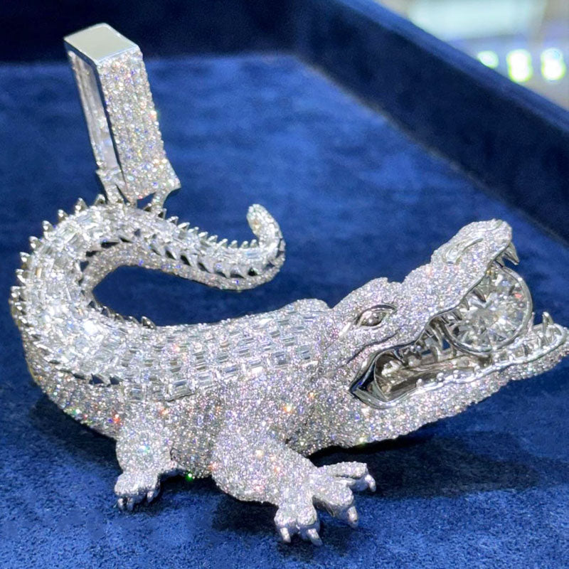 close up iced out crocodile pendant jewelry detail