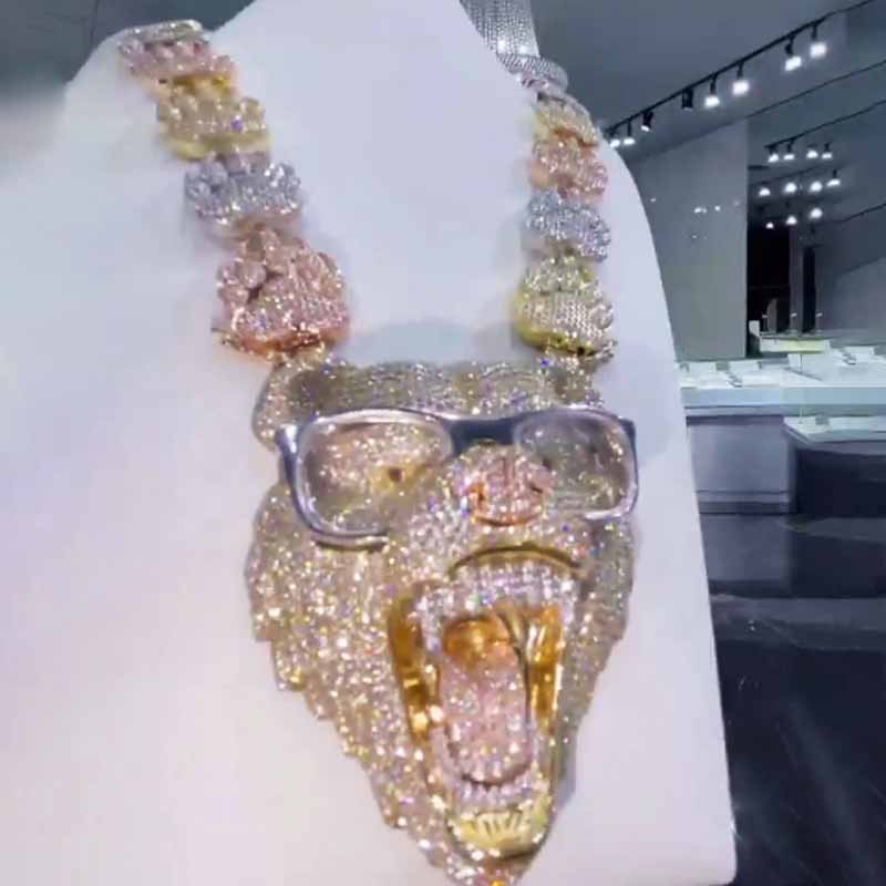 3-D S925 Moissanite Diamond Bear Pendant Paw Prints  Chain