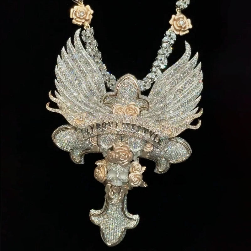 Flyboy Lifestyle wings rose cross pendant necklace close-up detail