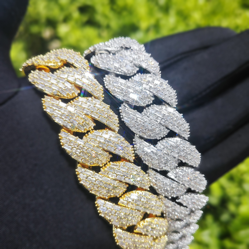 25mm Moissanite Hip Hop T Square Diagonal Buckle Crescent Design Cuban Chain