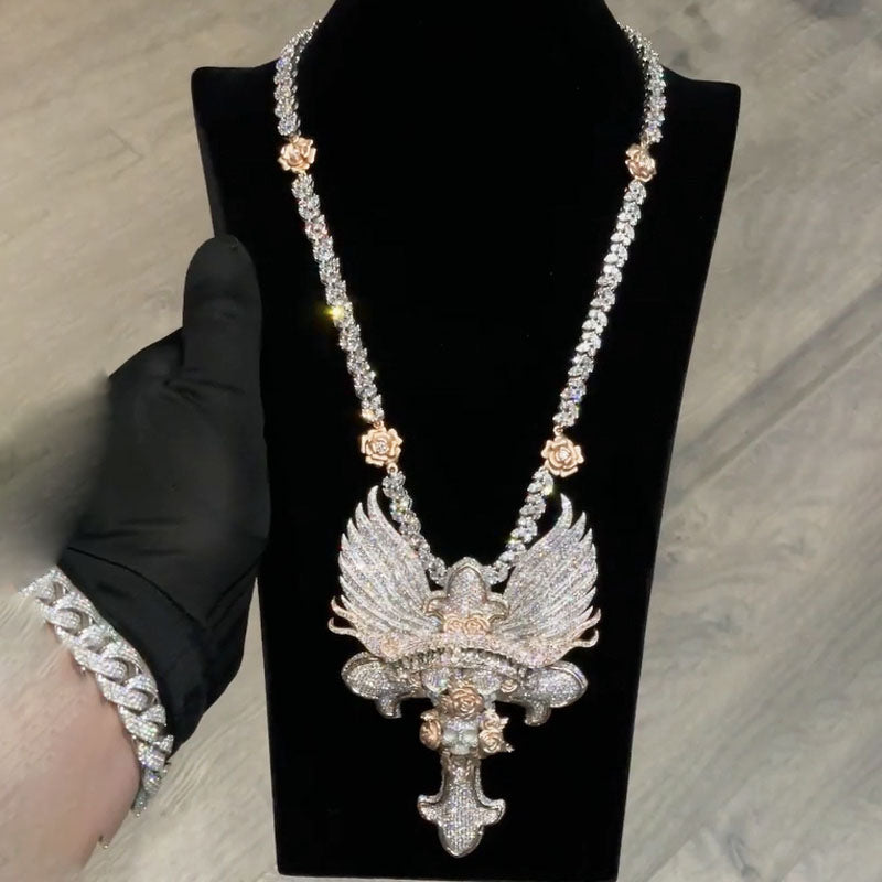 Moissanite "Flyboy Lifestyle" Letter Wings Rose Cross Pendant