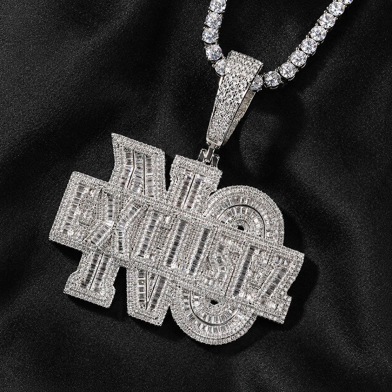 Iced-out “NO EXCUSEZ” pendant  hip hop jewelry design. 