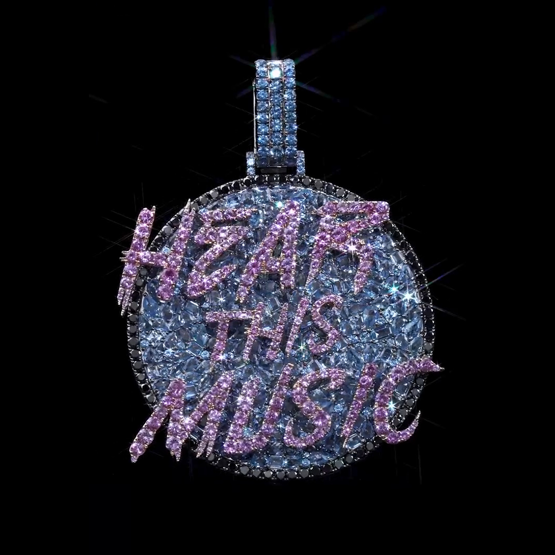 HEAR THIS MUSIC disc pendant with blue, black, and purple diamonds hip hop necklace