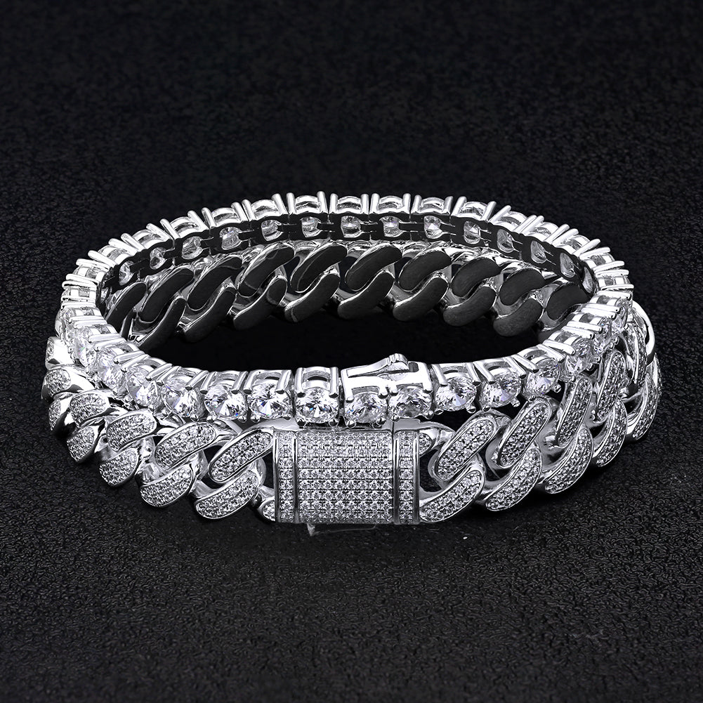 5mm Moissanite Tennis and 12mm Cuban Link Bracelet Set for Men's