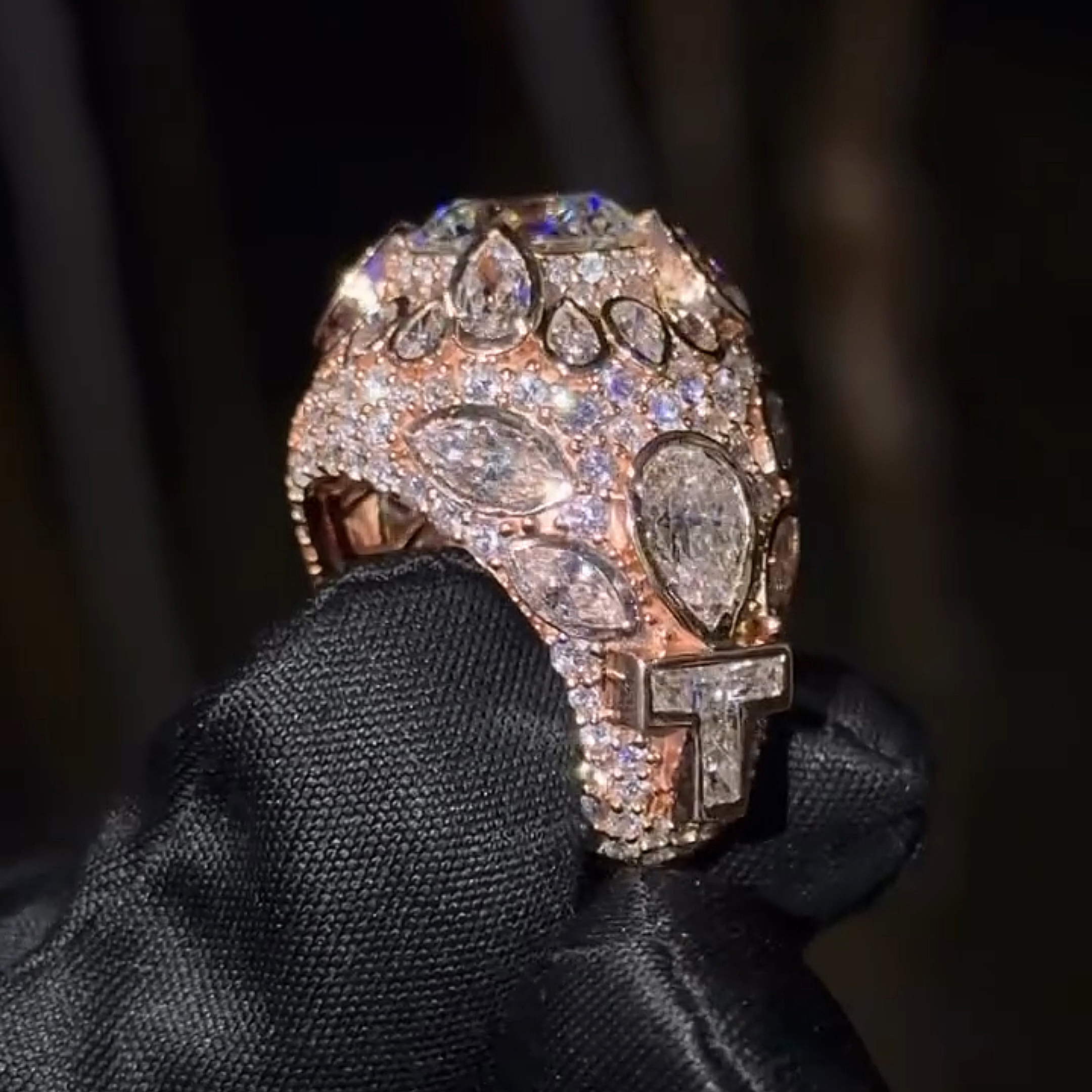 rose gold cluster drip statement ring angled view premium jewelry design