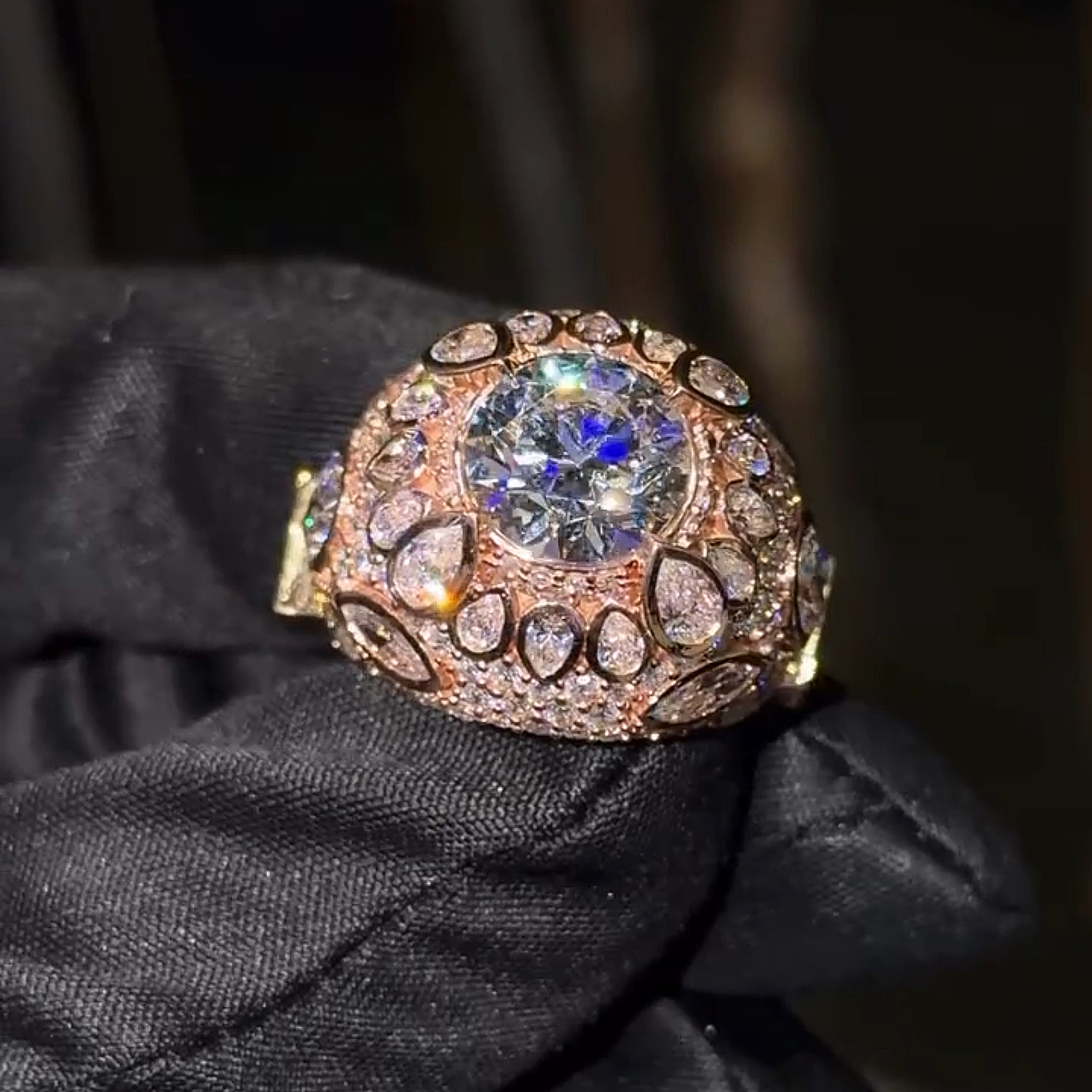 rose gold cluster drip statement ring front view luxury hip hop jewelry