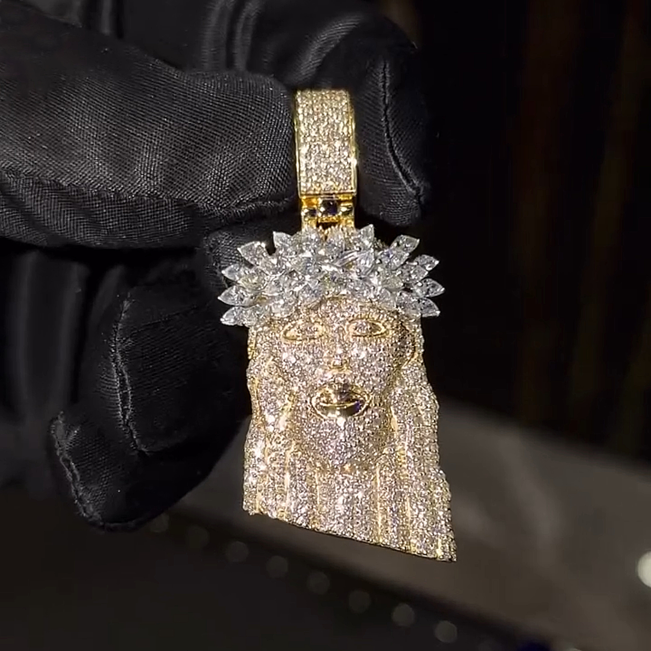 gold pear shape stone crown cluster Jesus pendant front view luxury hip hop jewelry